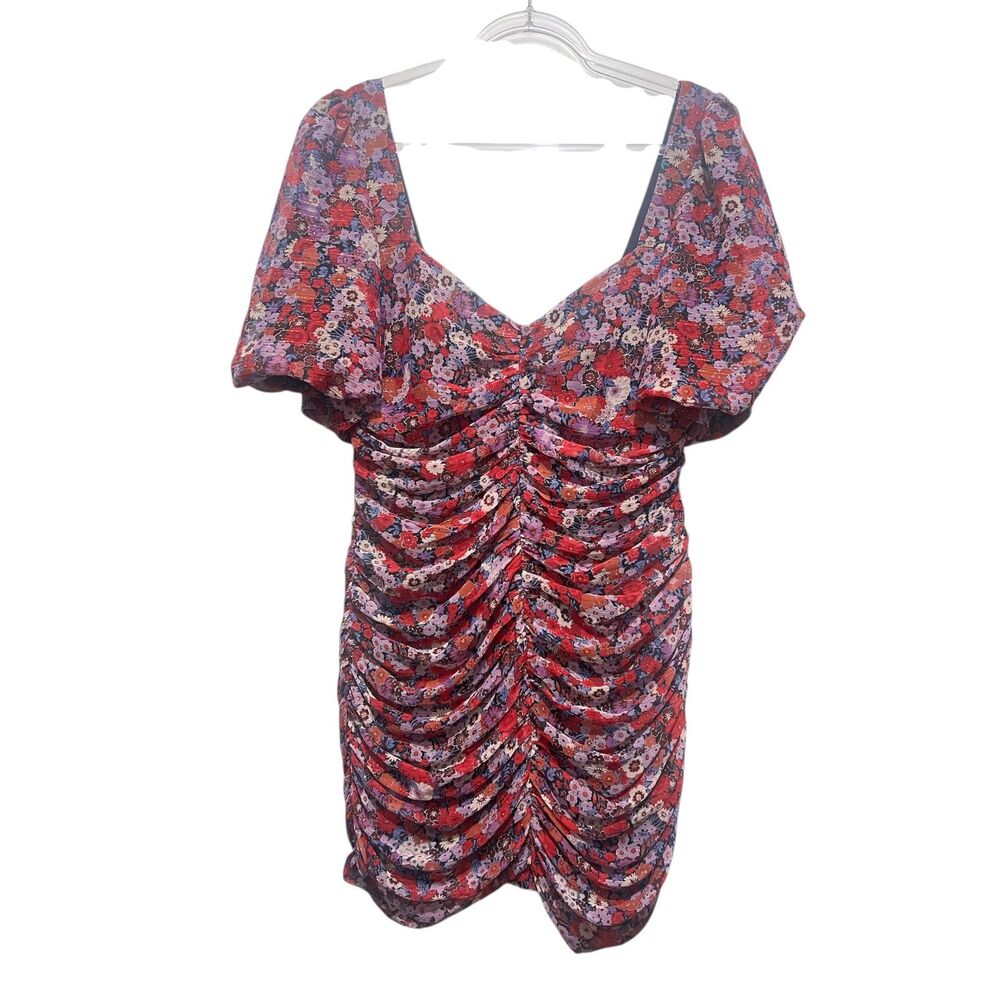 ZARA Vibrant Floral Print Ruched Puff-Sleeve Mini Dress Lined Size XL‎
